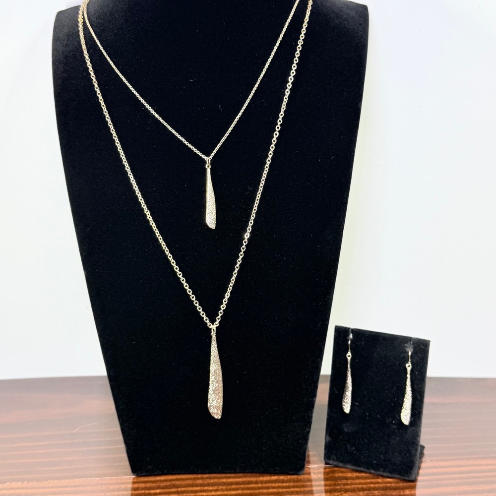 Gold Tone Layered Necklace and Drop‎ Earring Set Textured Stiletto Pendants
